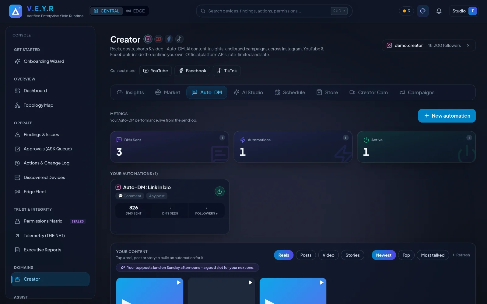 The Auto-DM builder - triggers, variants, follow-gate, and a live simulator